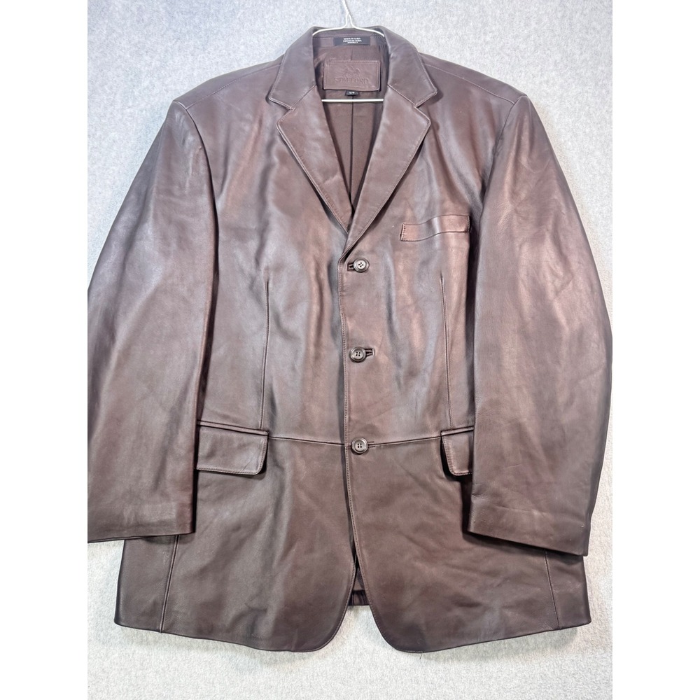Stafford Mens Brown Leather Blazer Jacket Three Button L Large RN93677